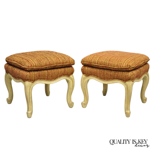 French Country Provincial Cabriole Leg Orange Square Footstool Ottoman Pair
