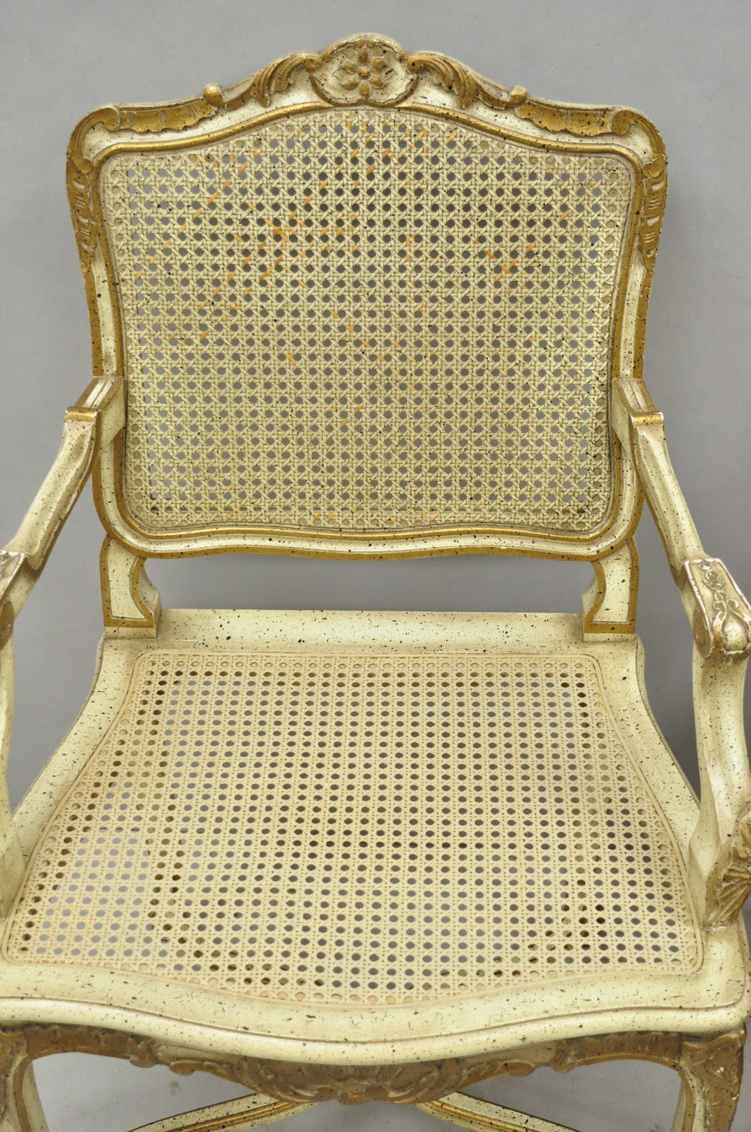 Vintage French Louis XV Style Cream Painted Carved Wood Cane Arm Chairs - a Pair