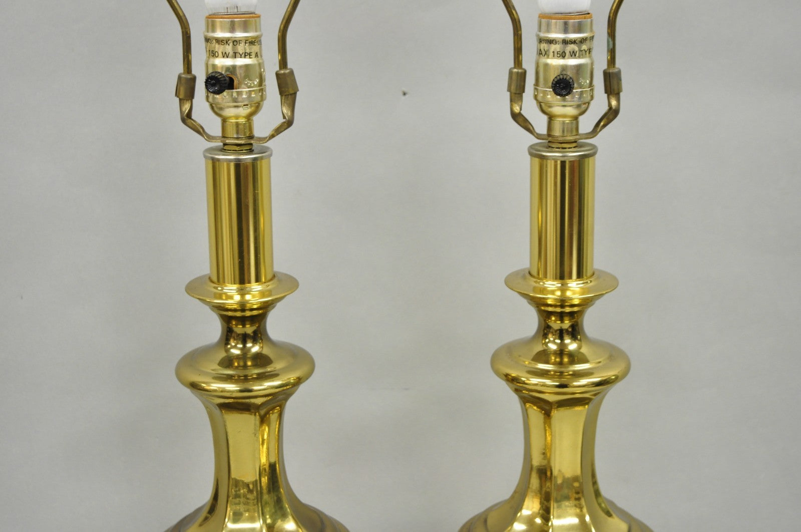 Vintage Hollywood Regency Brass Column Stiffel Style Gold Table Lamps - a Pair