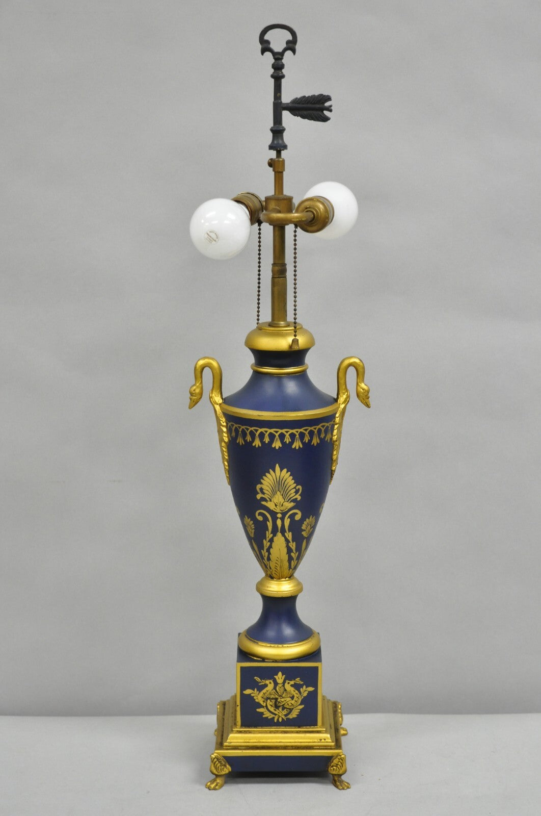 Vintage French Empire Blue Tole Metal Gold Swan Painted Urn Form Table Lamp