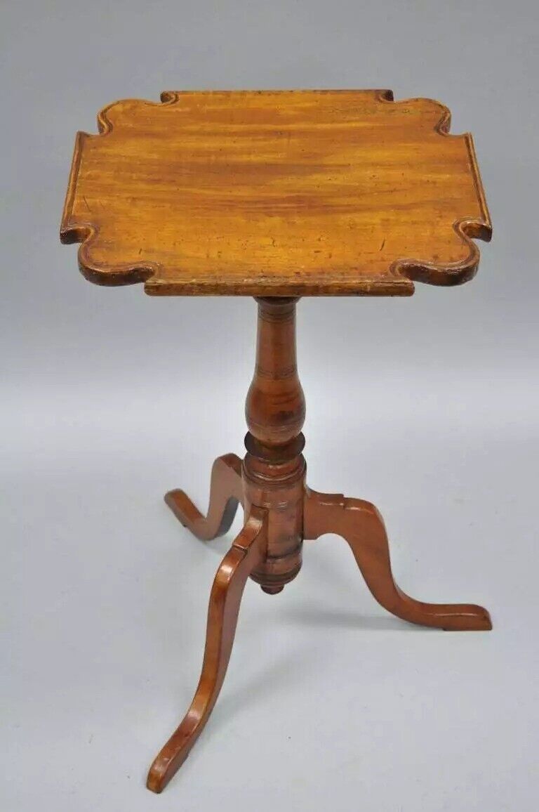 18th C. Federal Cherry Candle Stand Tea Table Tripod Pedestal Scallop Carved Top