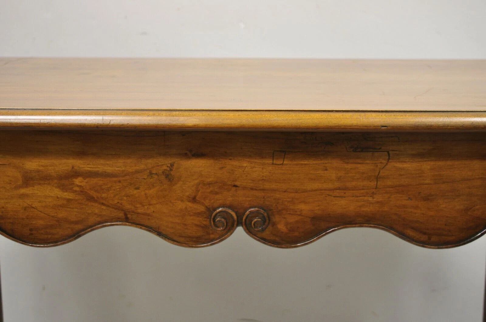 Antique French Provincial Carved Cherry Saber Leg Italian Desk Console Table