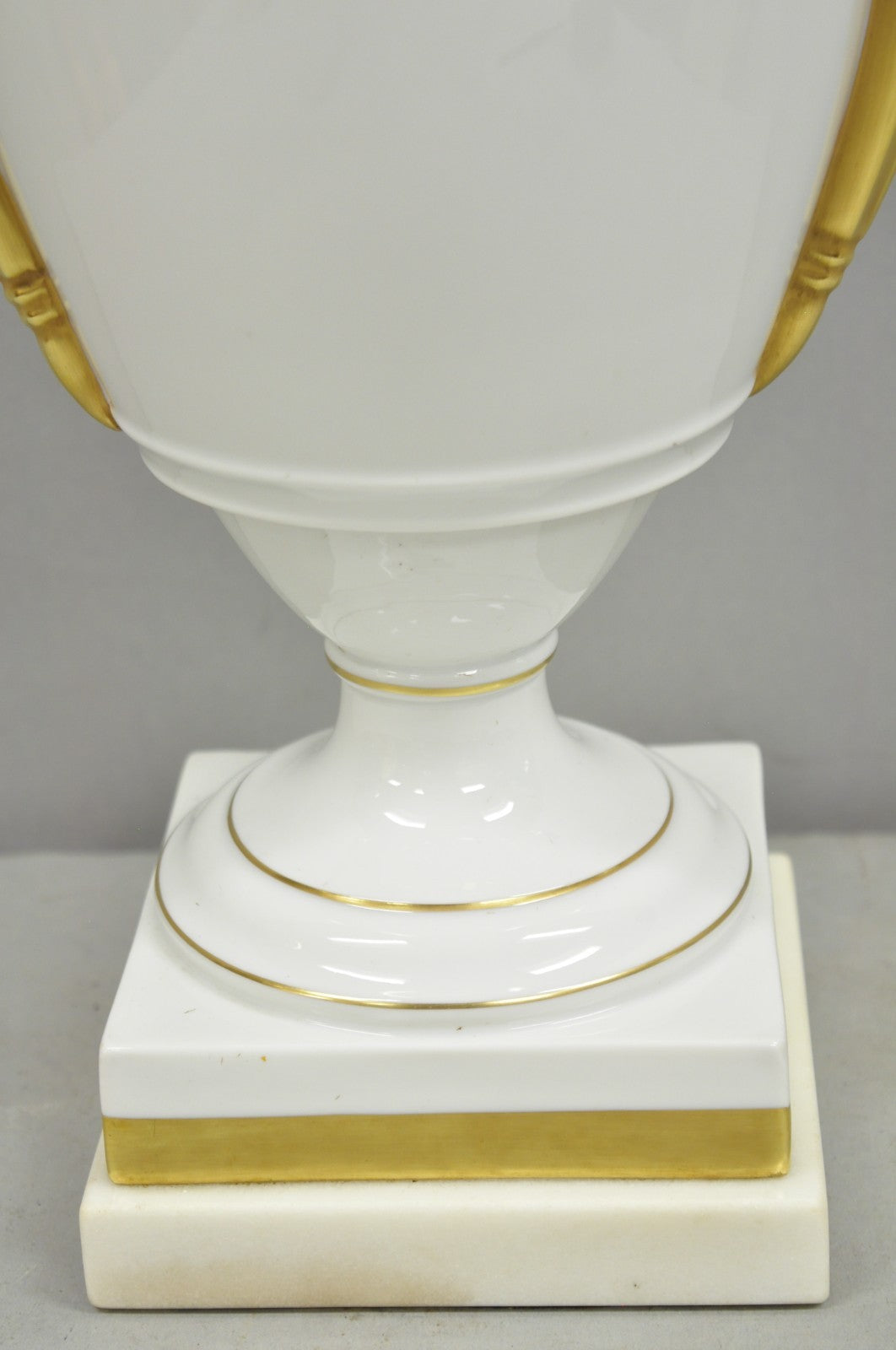 Vintage Italian Regency White Gold French Porcelain Urn Marble Base Table Lamp