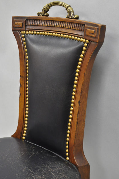 Vintage French Regency Style Carved Mahogany Black Leather Saber Leg Side Chair
