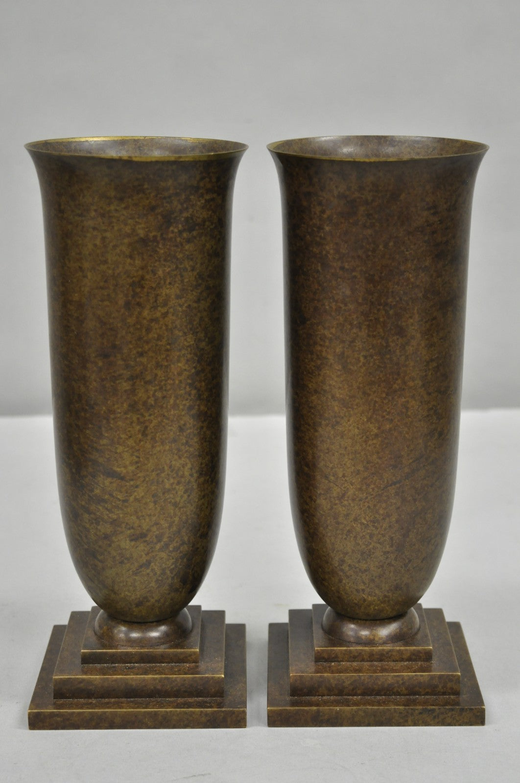 Antique French Art Deco Bronze Fluted Altar Vase w/ Butterfly Moth - a Pair