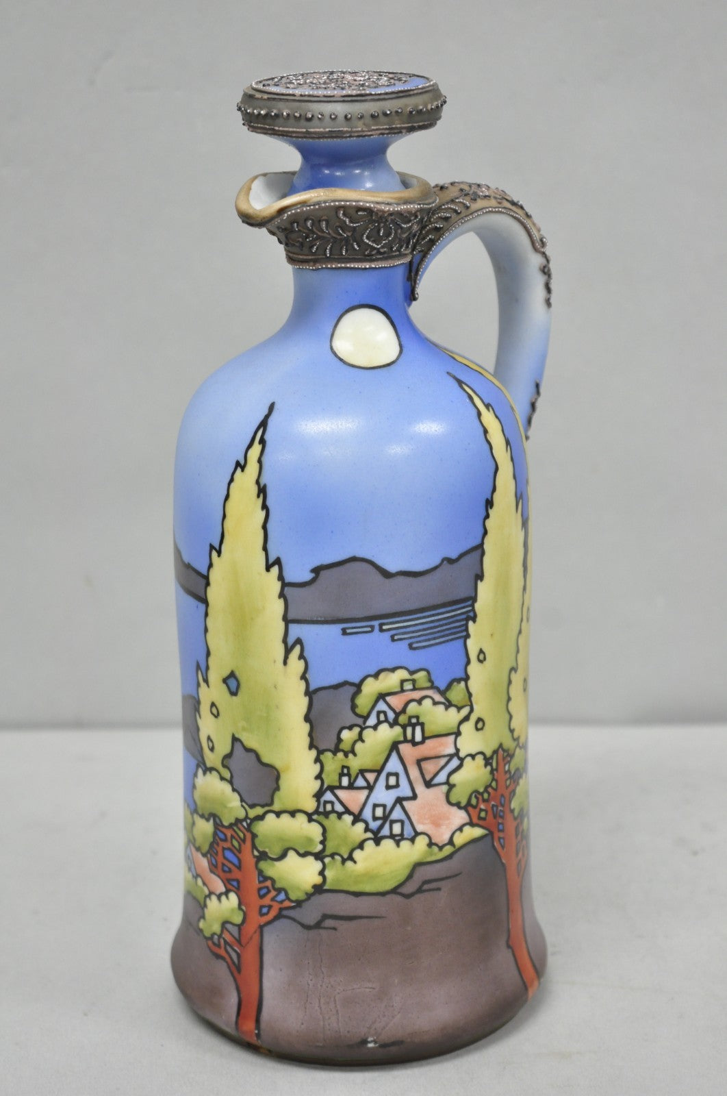 Antique Nippon Hand Painted Blue Halloween Pattern Porcelain Wine Jug w/ Cork