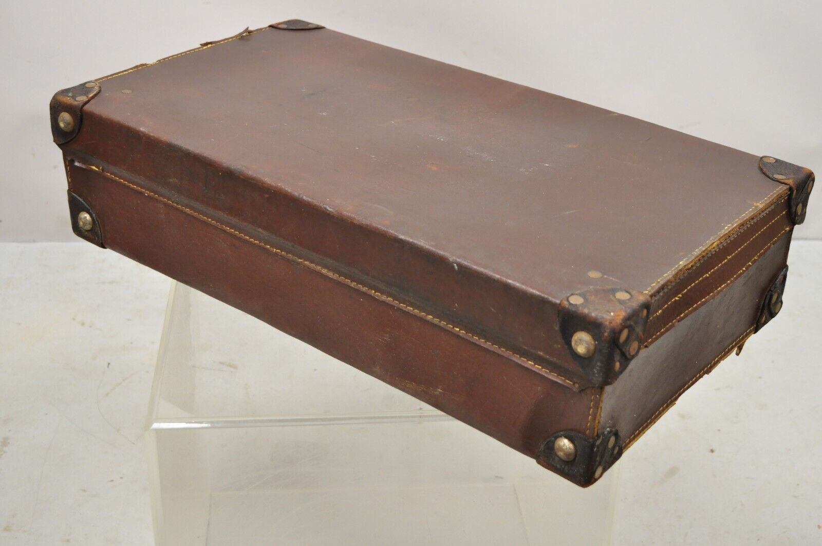 Antique Art Deco Brown Leather English 25" Luggage Travel Suitcase