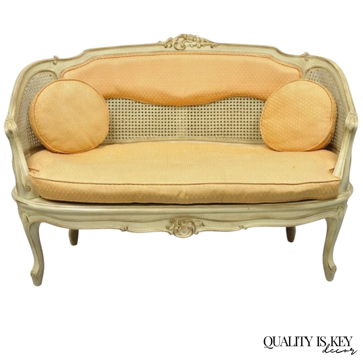 Vintage French Louis XV Victorian Style Small Cream Painted Settee Loveseat Sofa