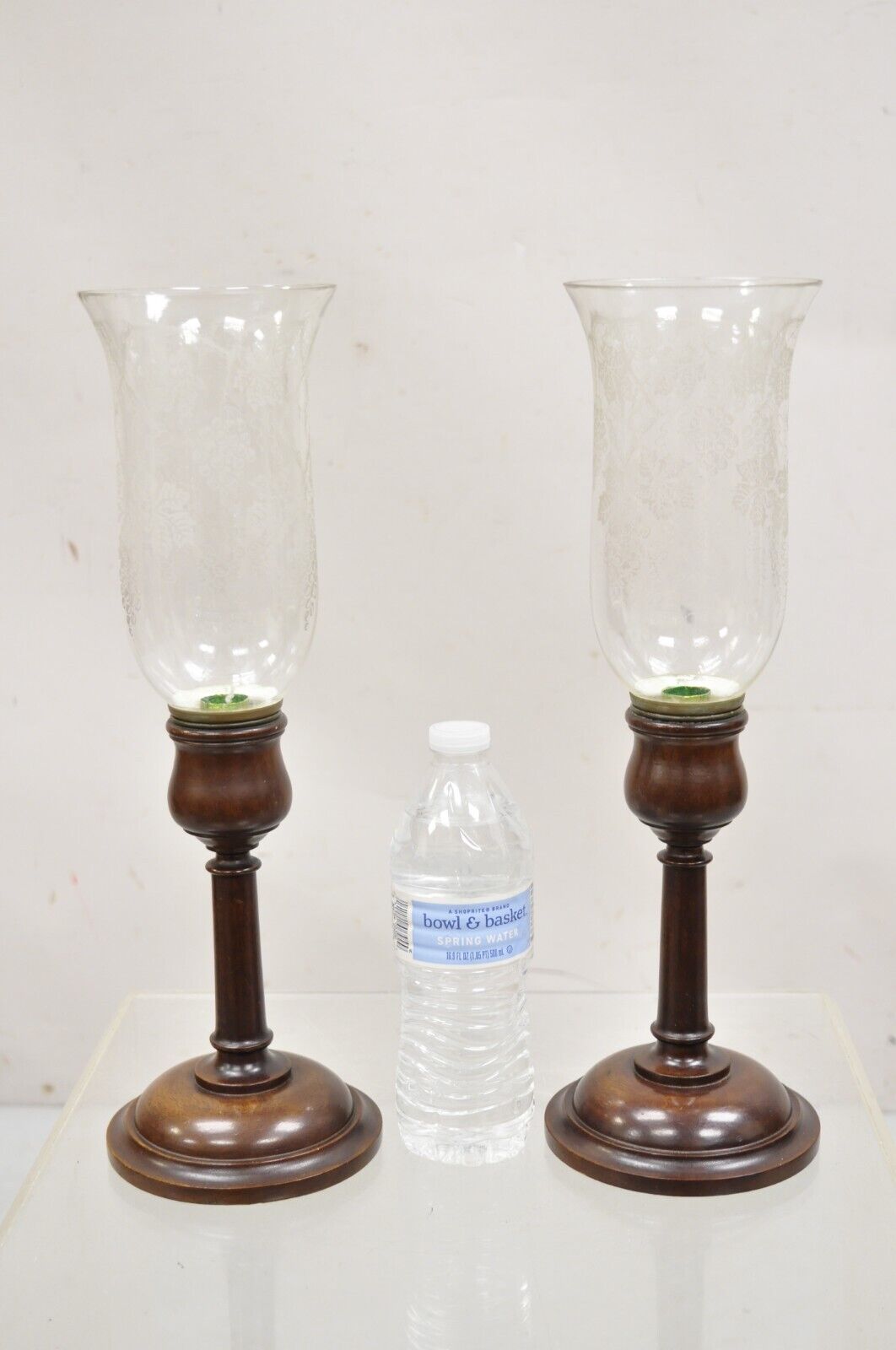 Antique English Regency Mahogany Hurricane Glass Shade Candle Holders - a Pair