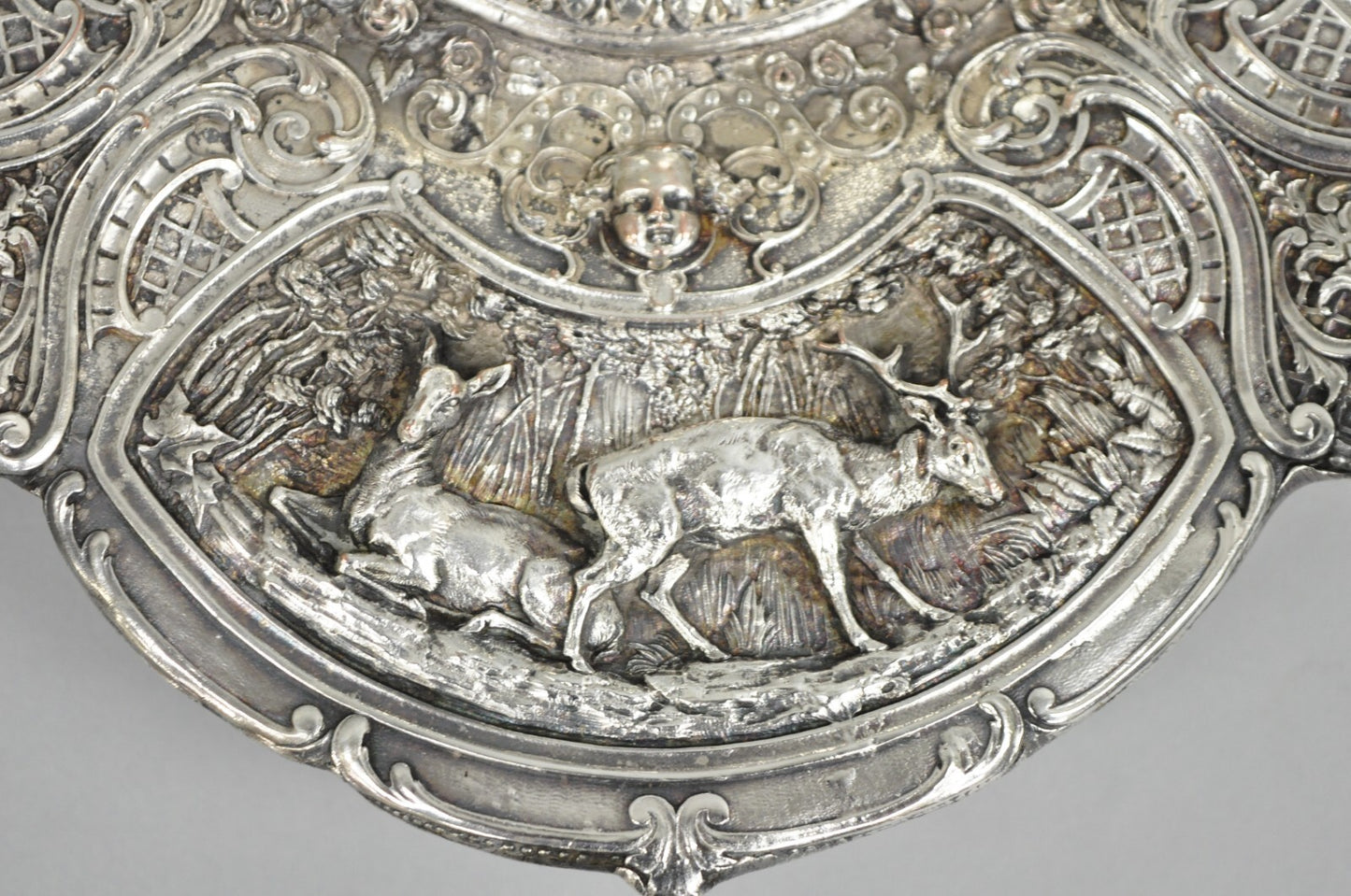 Antique English Victorian Stag Mounted Crystal Glass Inkwell Silver Plated Tray