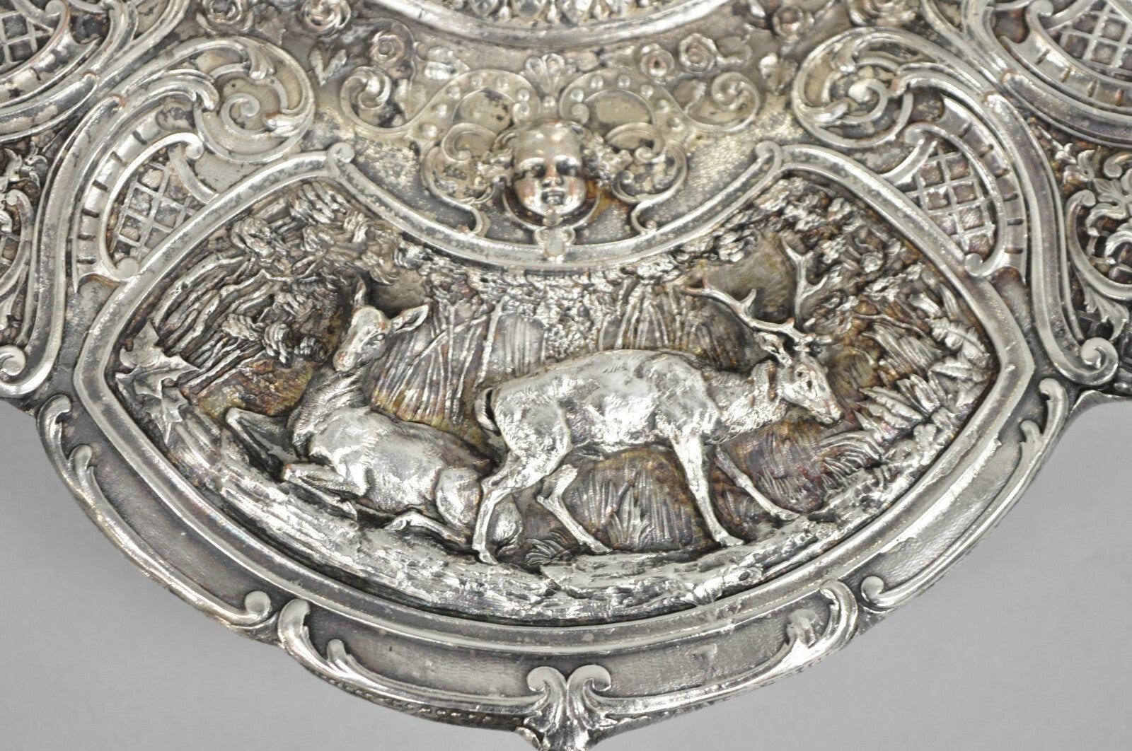 Antique English Victorian Stag Mounted Crystal Glass Inkwell Silver Plated Tray