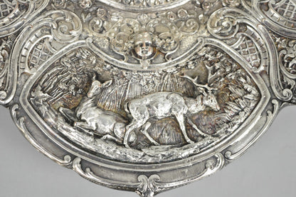 Antique English Victorian Stag Mounted Crystal Glass Inkwell Silver Plated Tray