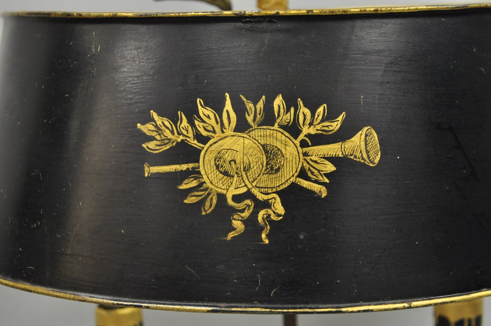 Antique French Empire Black & Gold Tole Metal Urn Bouillotte Table Lamp w Shade