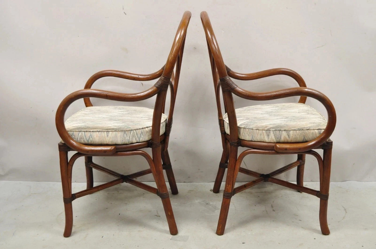 Vintage Hollywood Regency Bentwood Rattan Fan Back Dining Chairs - Set of 4
