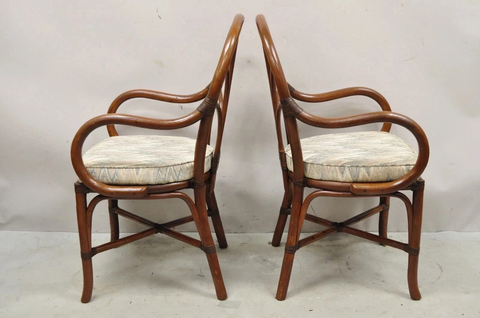 Vintage Hollywood Regency Bentwood Rattan Fan Back Dining Chairs - Set of 4