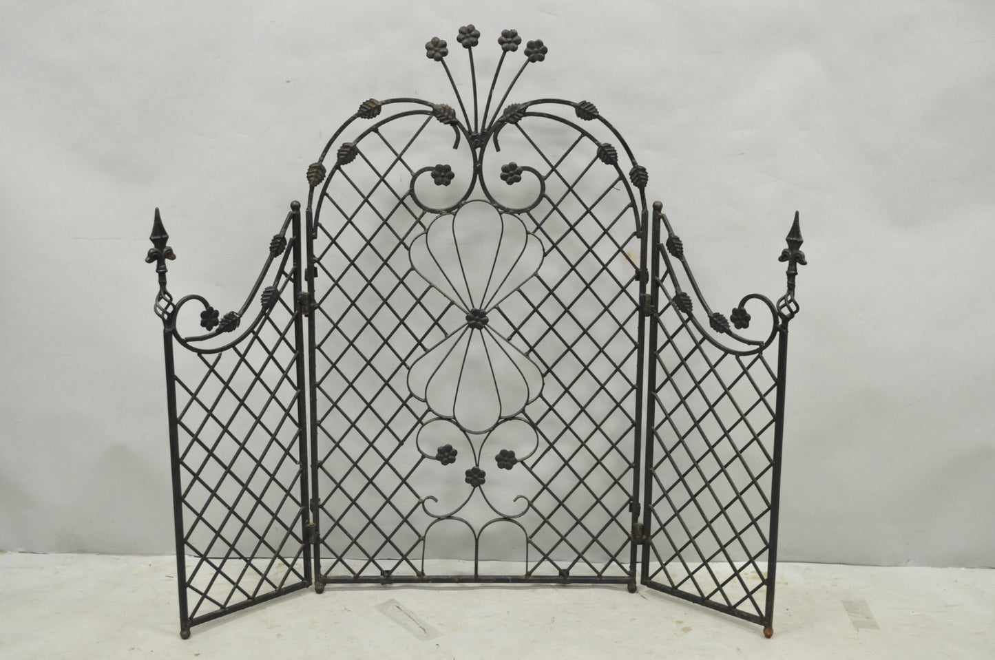 Antique Gothic Arts & Crafts Wrought Iron Scrolling Folding Fireplace Screen