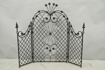 Antique Gothic Arts & Crafts Wrought Iron Scrolling Folding Fireplace Screen
