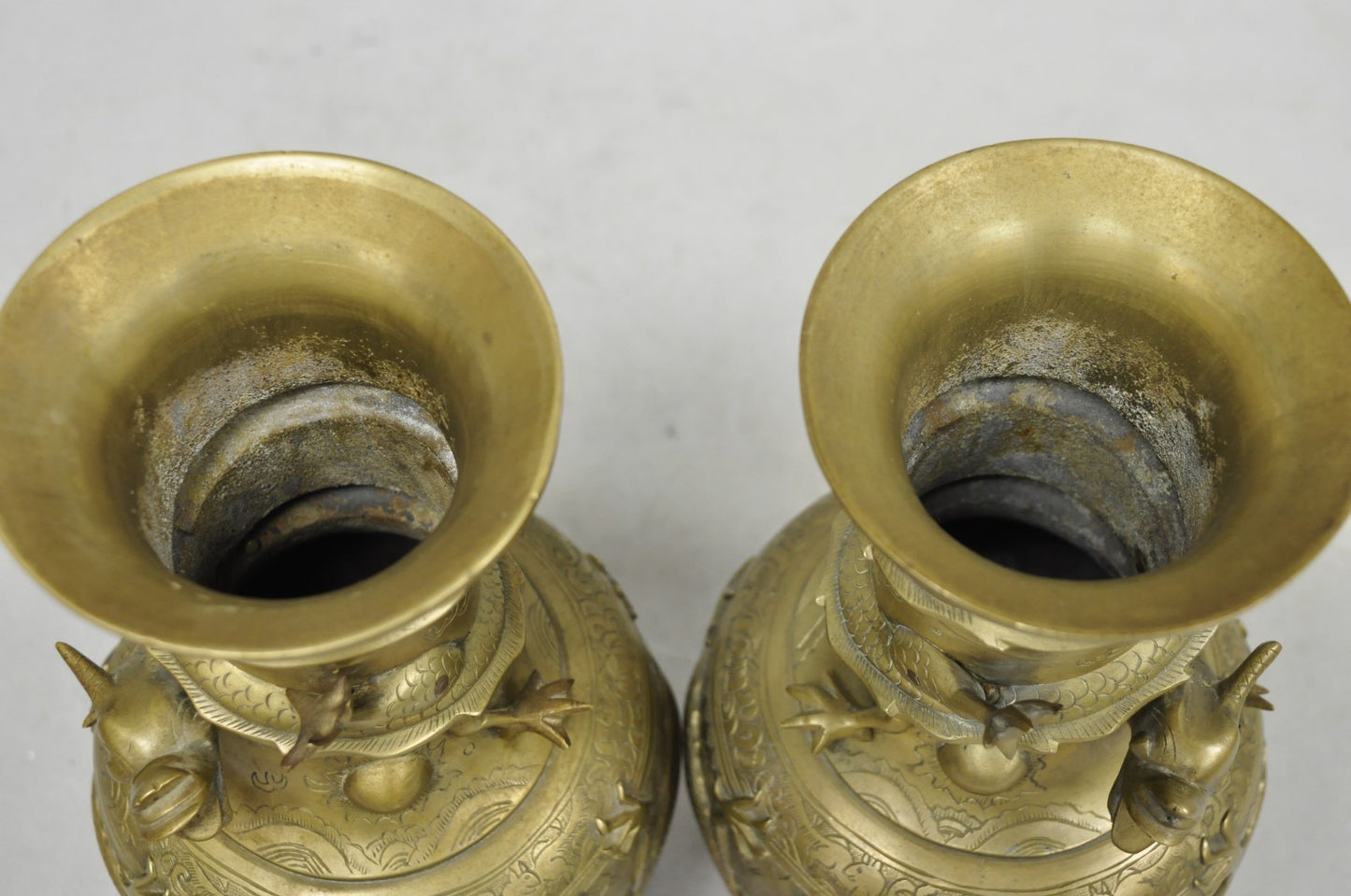 Vintage Japanese Dragon Relief Bronze Chinese 10" Oriental Flower Vase - a Pair