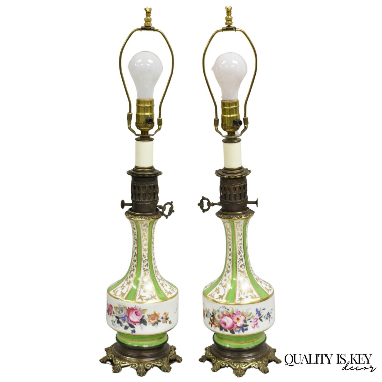 Antique French Victorian Paris Porcelain Green Floral Rose Table Lamps - a Pair