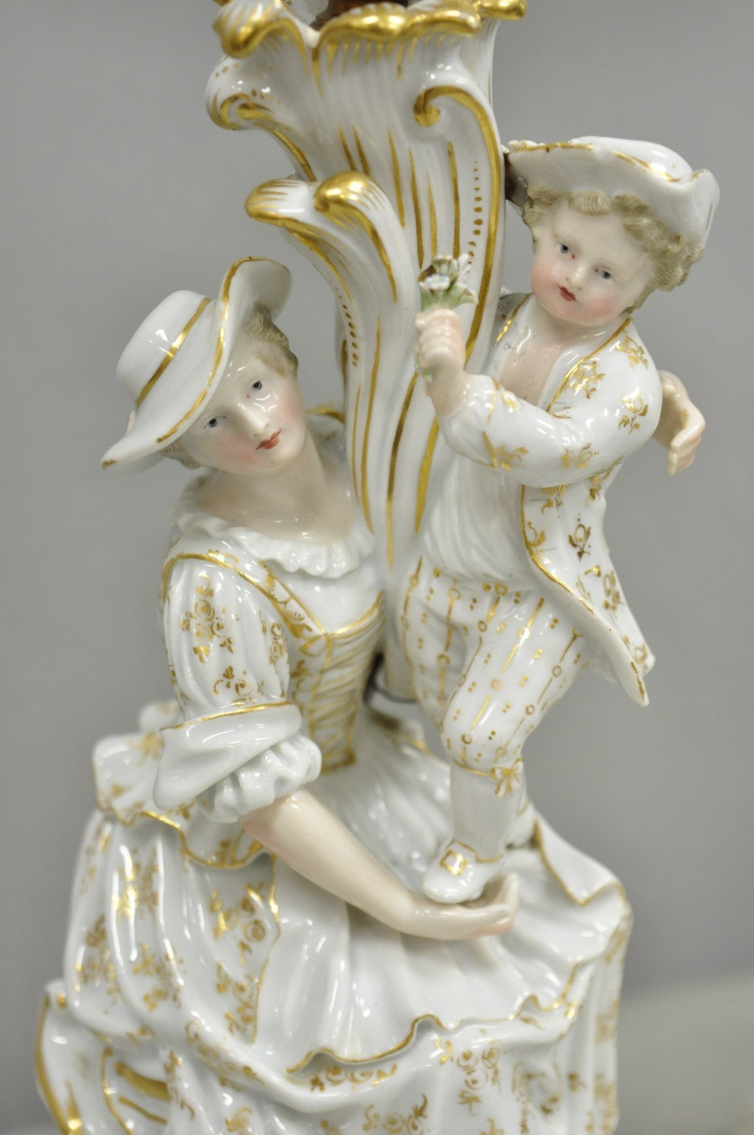 Antique Meissen Porcelain German Figural Lighted Candlestick Table Lamps - Pair