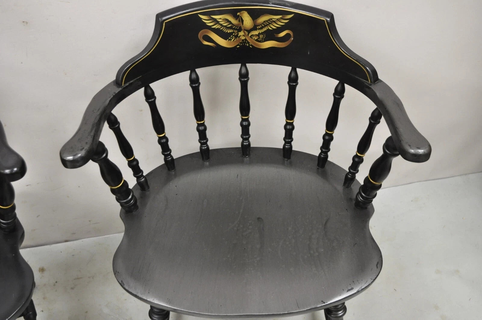 Vintage S. Bent & Bros Black Painted Eagle Colonial Pub Arm Chairs - a Pair