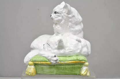 Vintage Italian Hollywood Regency Glazed Terracotta Statue Two Cats on Pillow