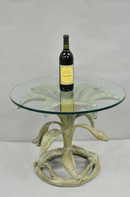 Vintage Arthur Court Green Verdigris Gilt Bronze & Glass Lily Flower Side Table