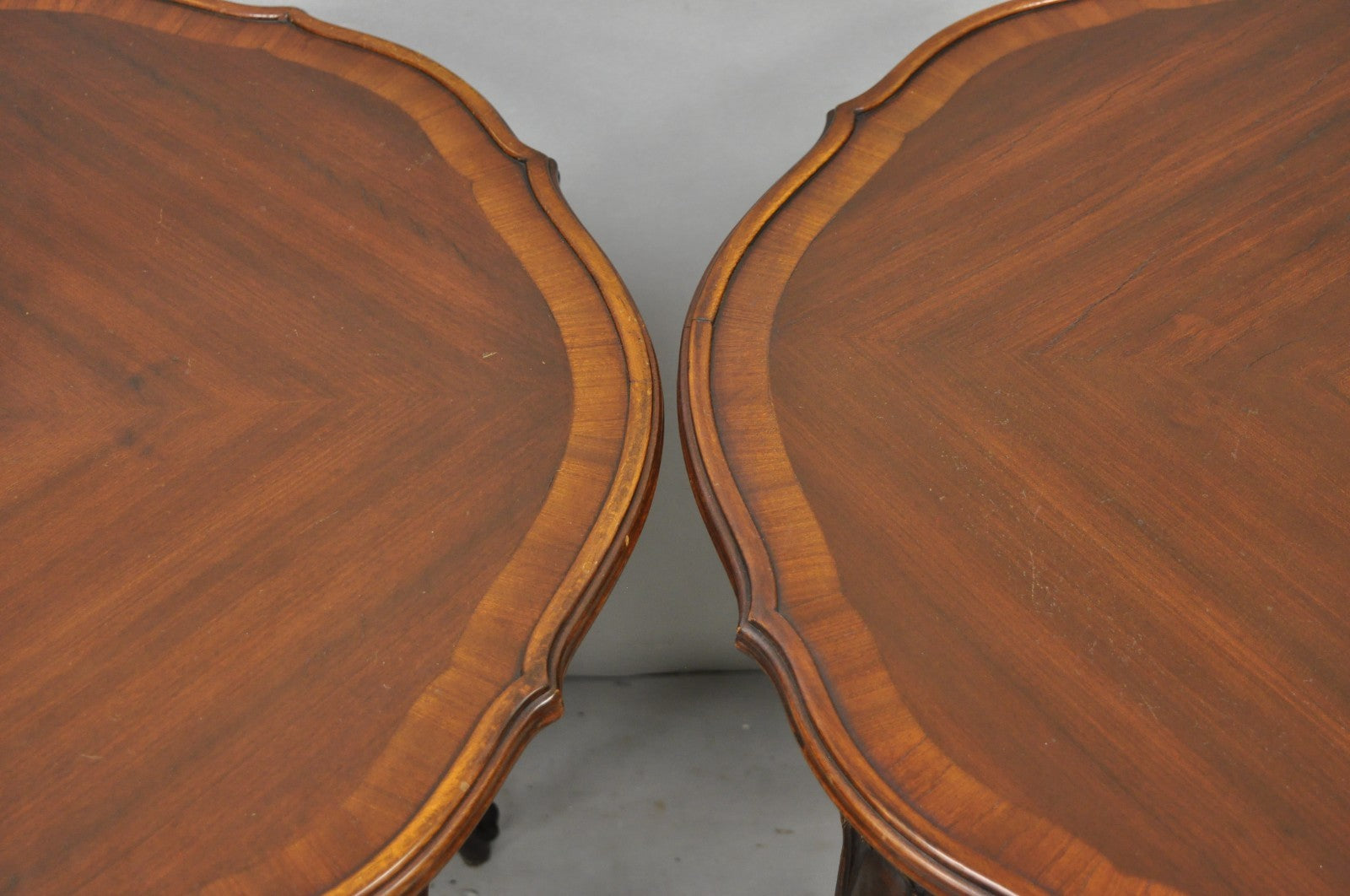 Antique French Louis XV Style Walnut Round Turtle Top Occasional Side Table Pair