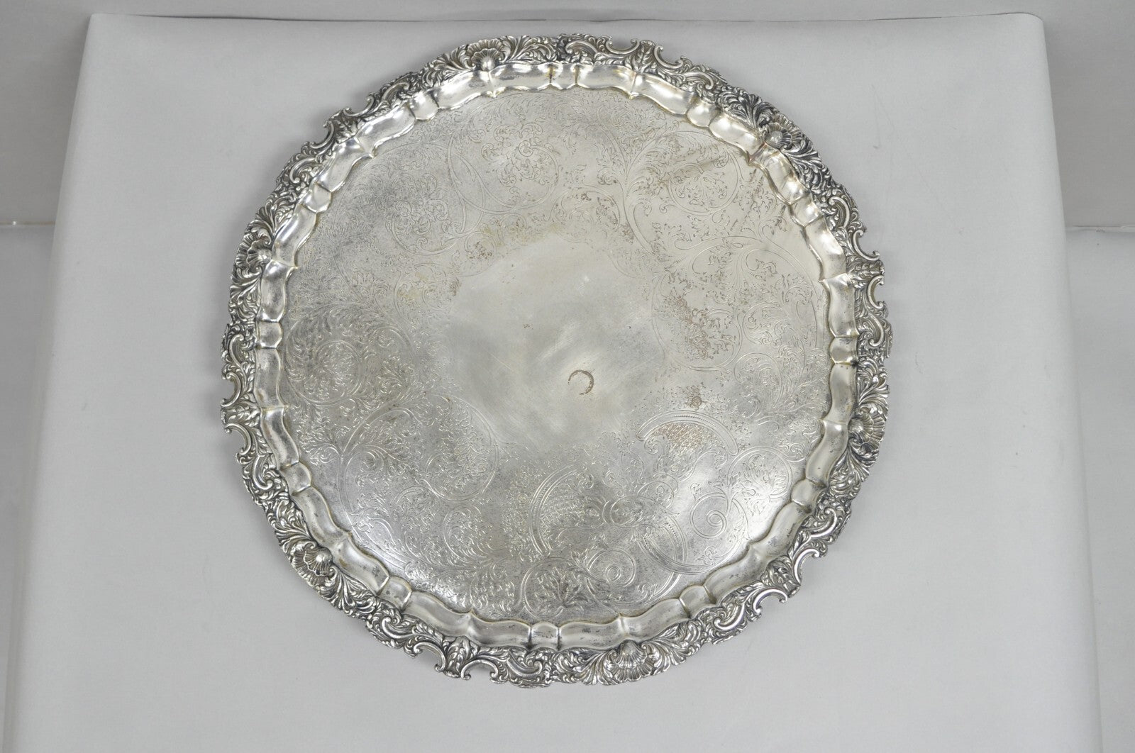 Antique English Victorian 22" Round Silver Plated Serving Platter Salver Tray