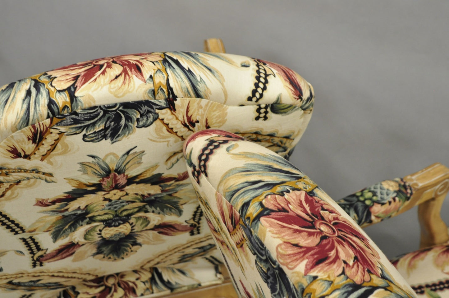 Vintage French Country Louis XV Style Carved Wood Lounge Arm Chairs - a Pair