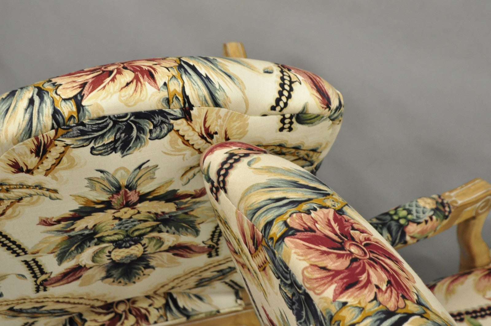 Vintage French Country Louis XV Style Carved Wood Lounge Arm Chairs - a Pair