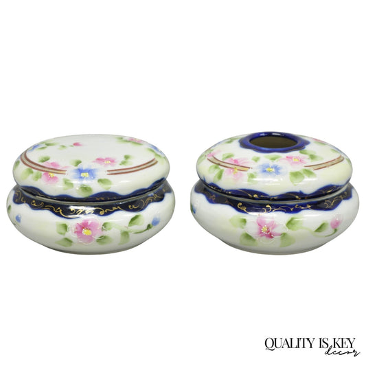 Victorian Japanese Hand Painted Porcelain Cobalt Blue Hair Receiver & Powder Jar