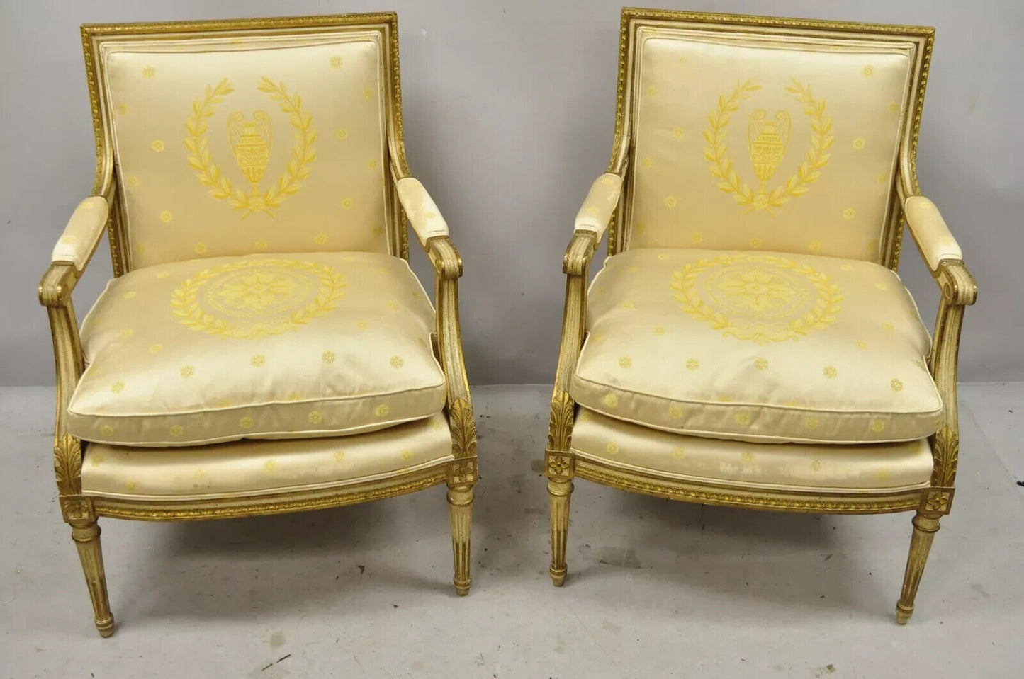 French Louis XVI Neoclassical Gold Silk Fauteuil Parcel Gilt Arm Chairs - a Pair