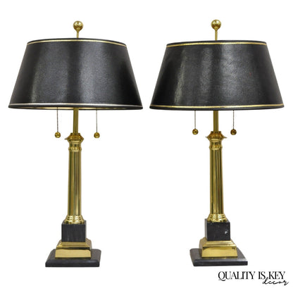 Vintage French Empire Brass & Italian Black Marble Column Table Lamps - a Pair