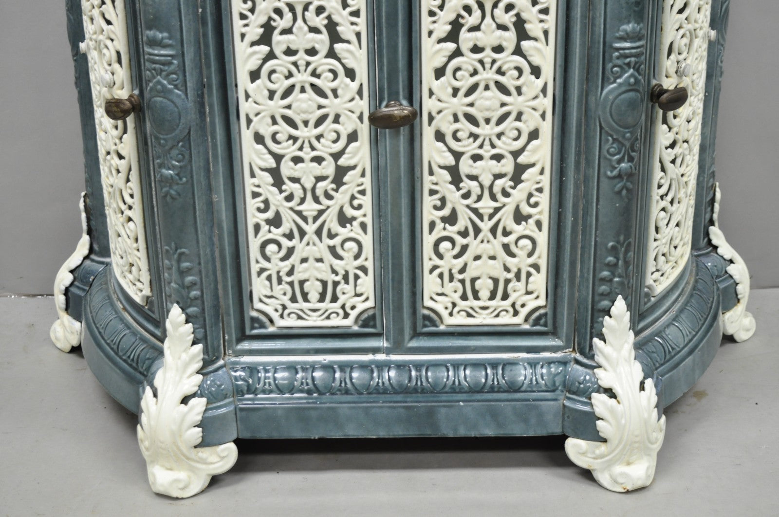 Antique French Victorian Blue White Porcelain Enamel Cast Iron Radiator Cover