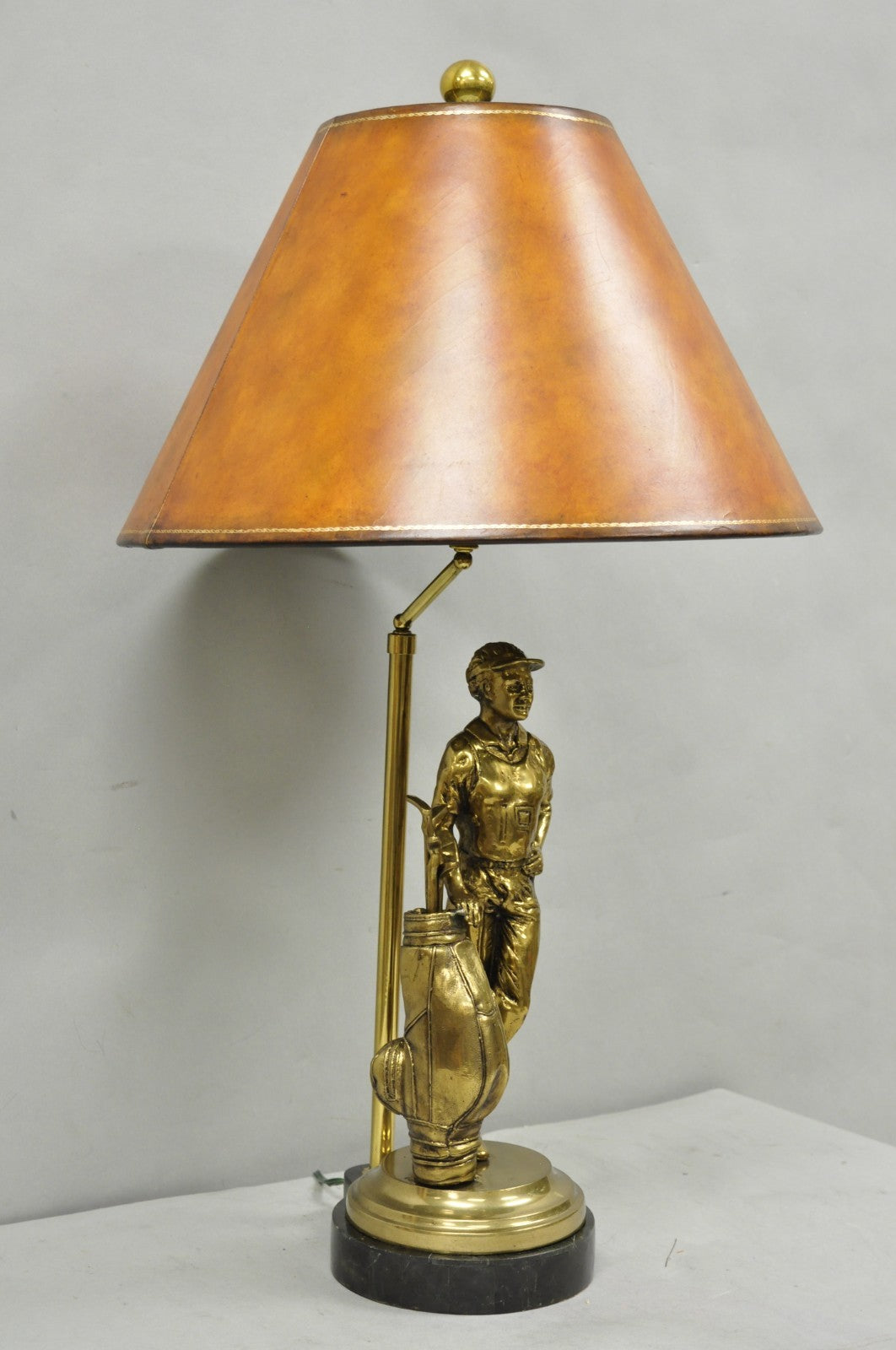 Vintage Maitland Smith Bronze Figure Golfer Sculpture Table Lamp w Leather Shade