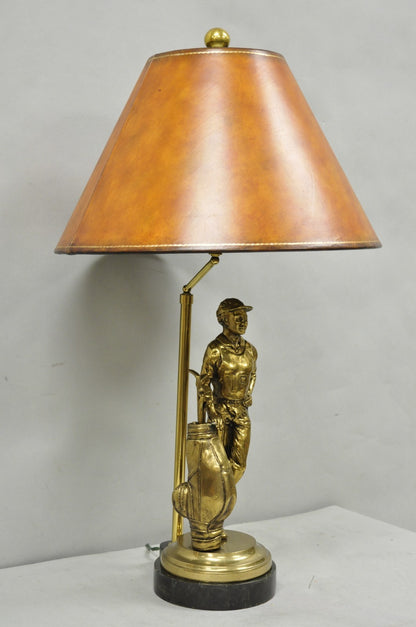 Vintage Maitland Smith Bronze Figure Golfer Sculpture Table Lamp w Leather Shade