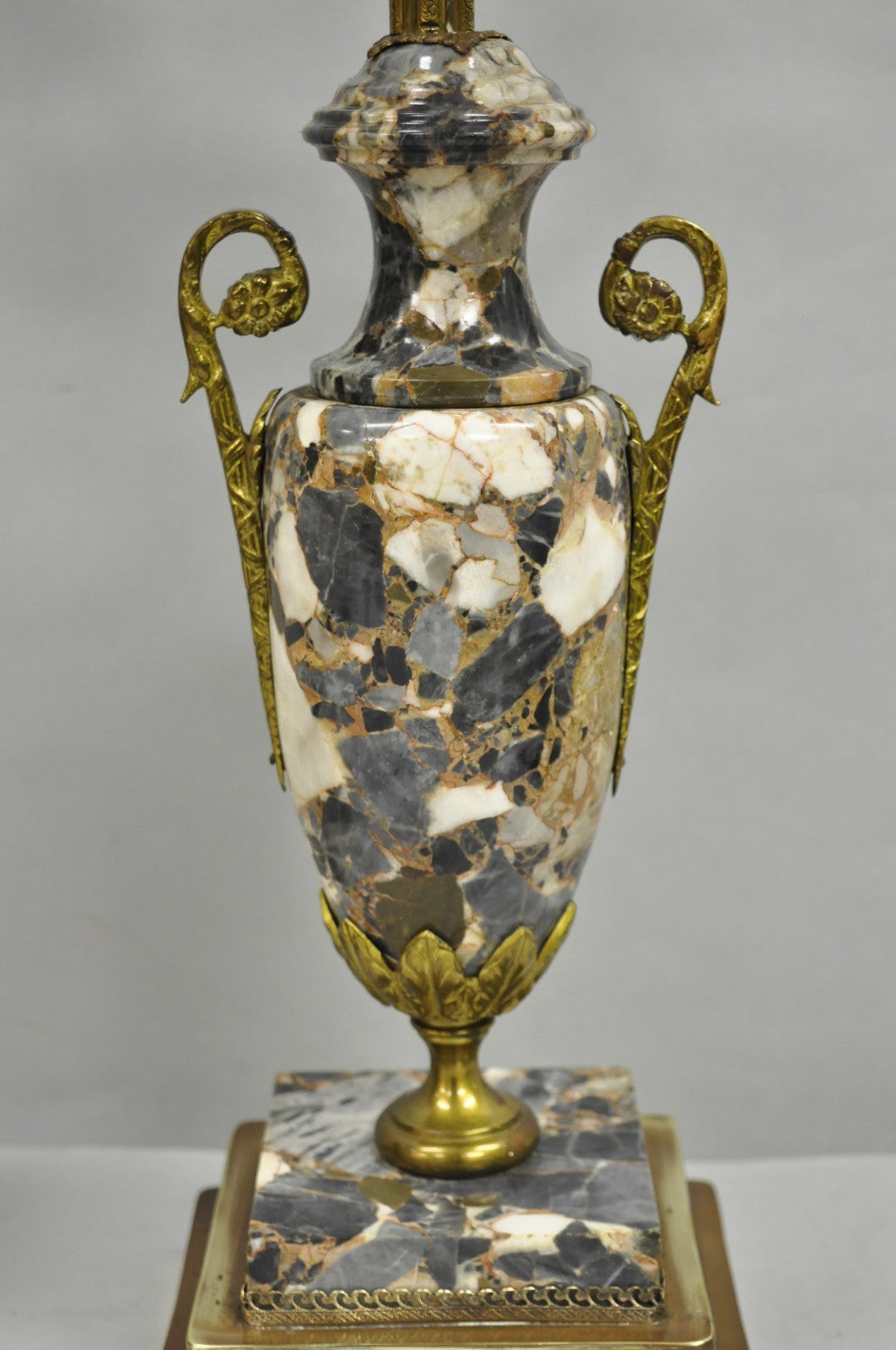 Antique French Empire Neoclassical Marble Urn Brass Candelabra Table Lamp Pair