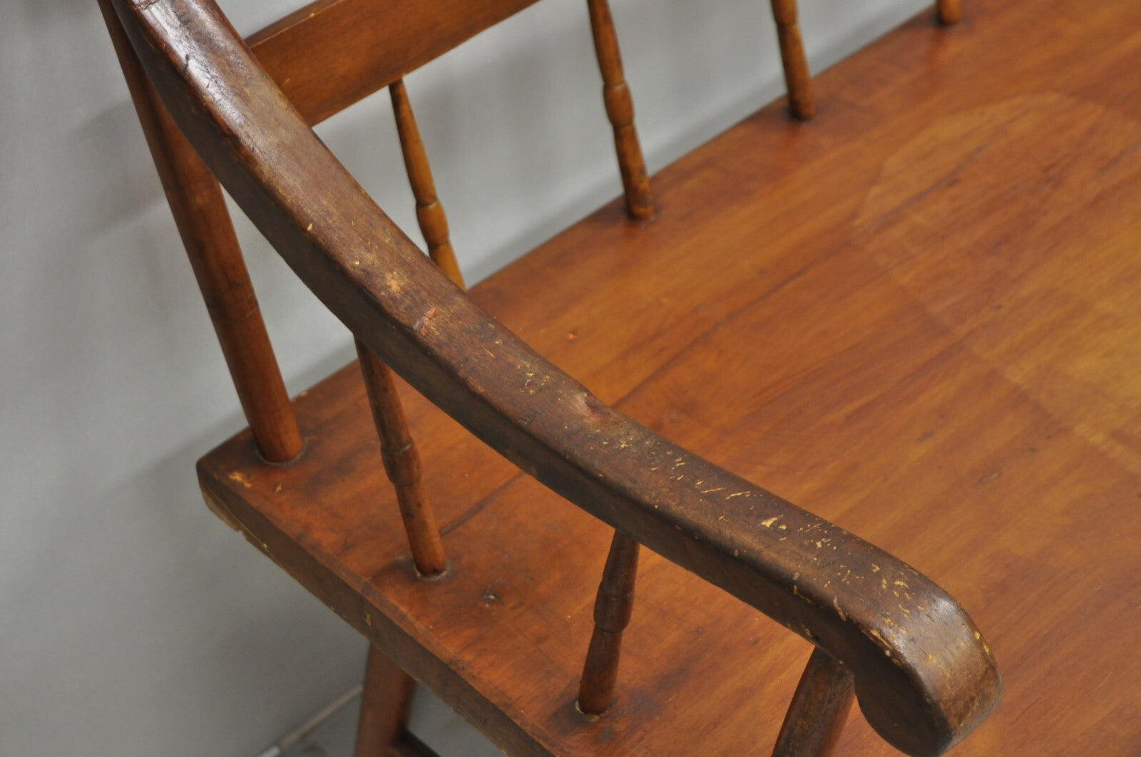 Antique American Colonial Farmhouse Spindle Back Pine Wood 8 Leg 72" Long Bench