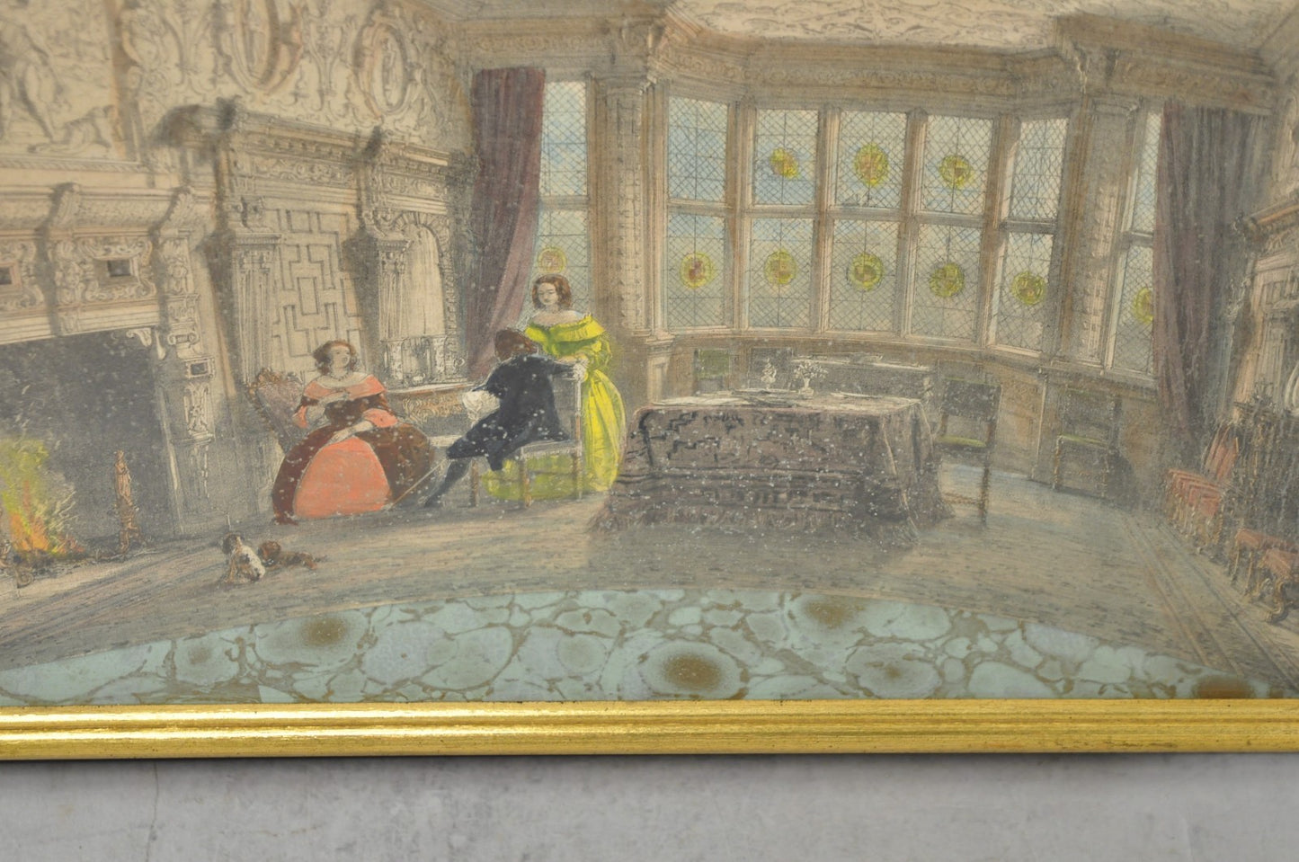 Antique Colored Lithograph 3D Frame Hall of Levens & Trophy Room Joseph Nash (2)