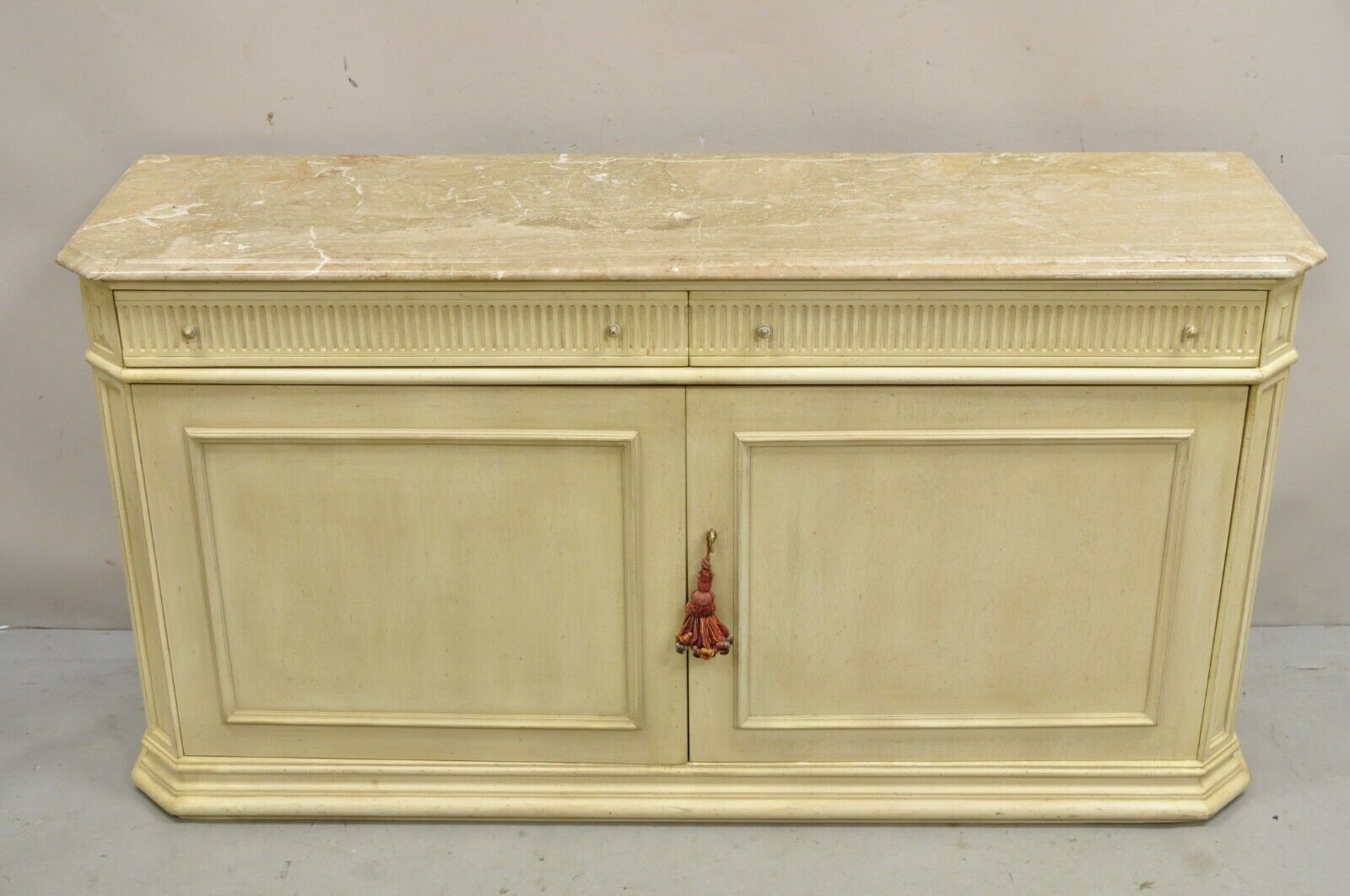 French Provincial Style Marble Top Cream Painted Sideboard Buffet Media Cabinet