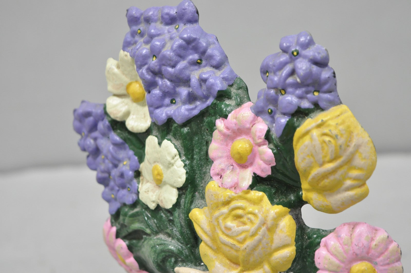 Antique Victorian Cast Iron Figural Floral Bouquet Basket Pink Painted Door Stop