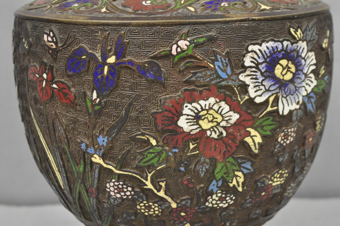 Antique Japanese Champleve Cloisonne Enamel Bronze Twin Handle 14" Vessel Vase