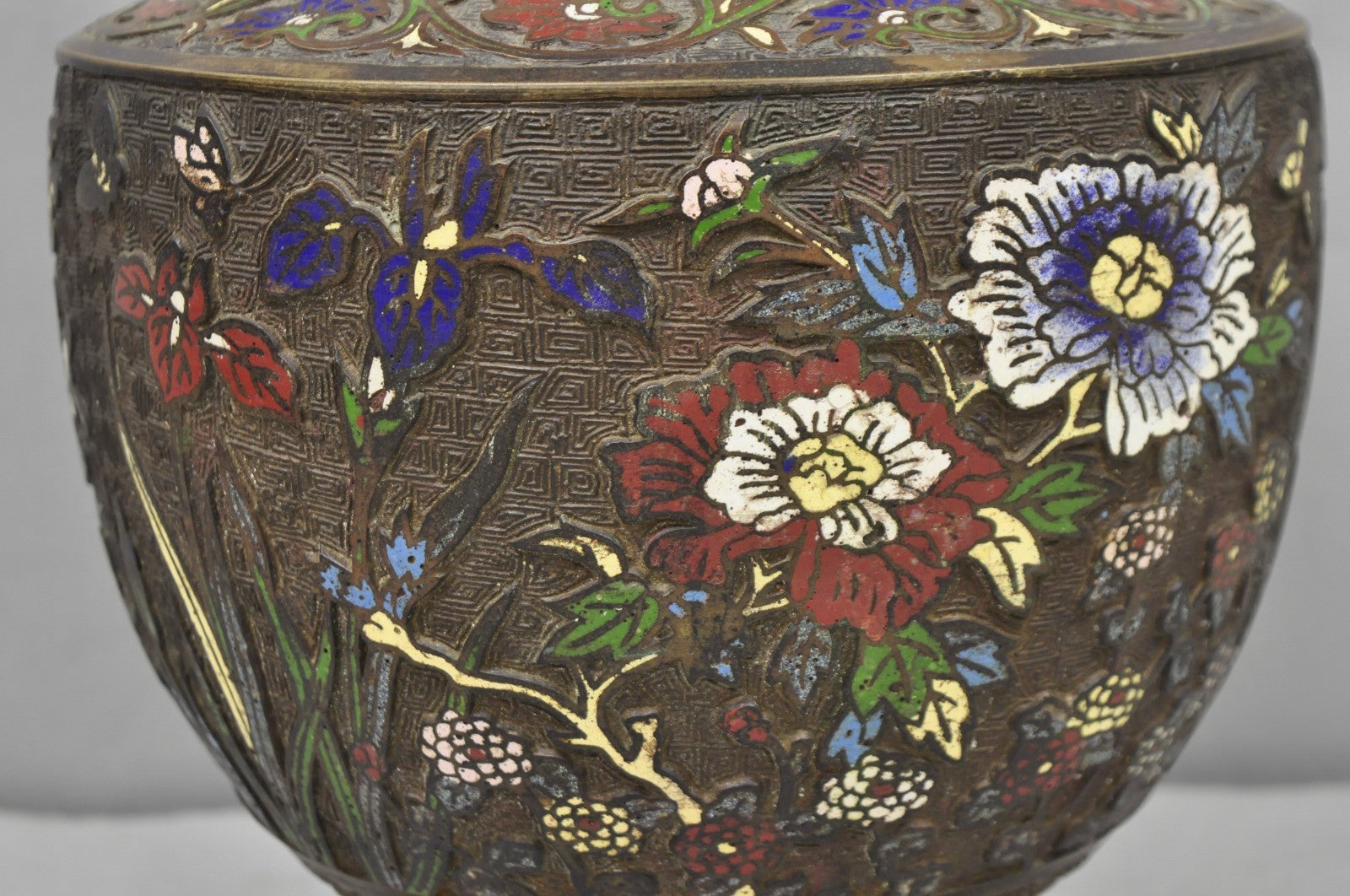 Antique Japanese Champleve Cloisonne Enamel Bronze Twin Handle 14" Vessel Vase