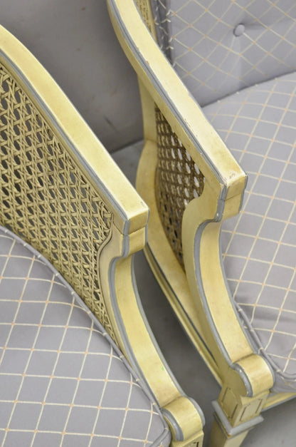 Vintage Hollywood Regency Cream Painted Cane Side Club Lounge Chairs - a Pair