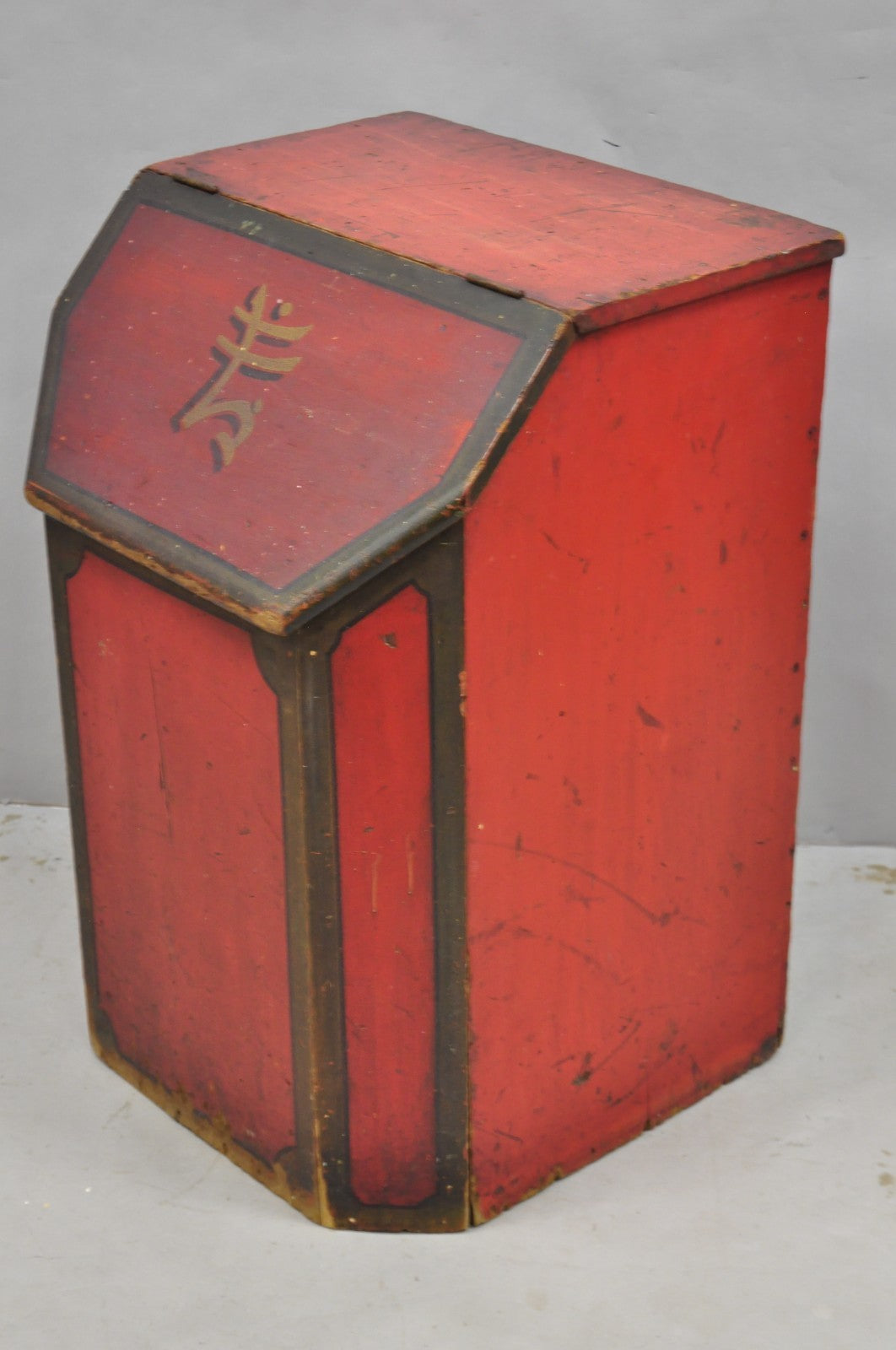 Antique British Colonial Red Painted Wooden Store Tea Coffee Bin w/ Asian Symbol