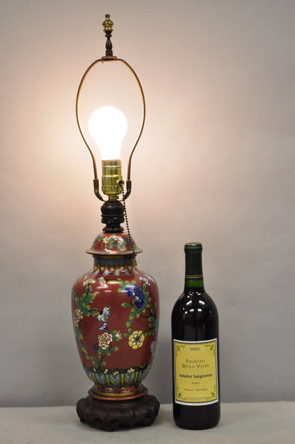Vintage Chinese Porcelain Enamel Bronze Red Cloisonne Champleve Vase Table Lamp