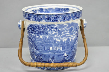 Wedgwood Landscape Etruria Pattern Blue White Porcelain Covered Slop Pot Commode