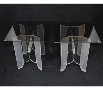 Vintage Mid Century Modern Frosted Lucite & Glass Butterfly End Tables - a Pair