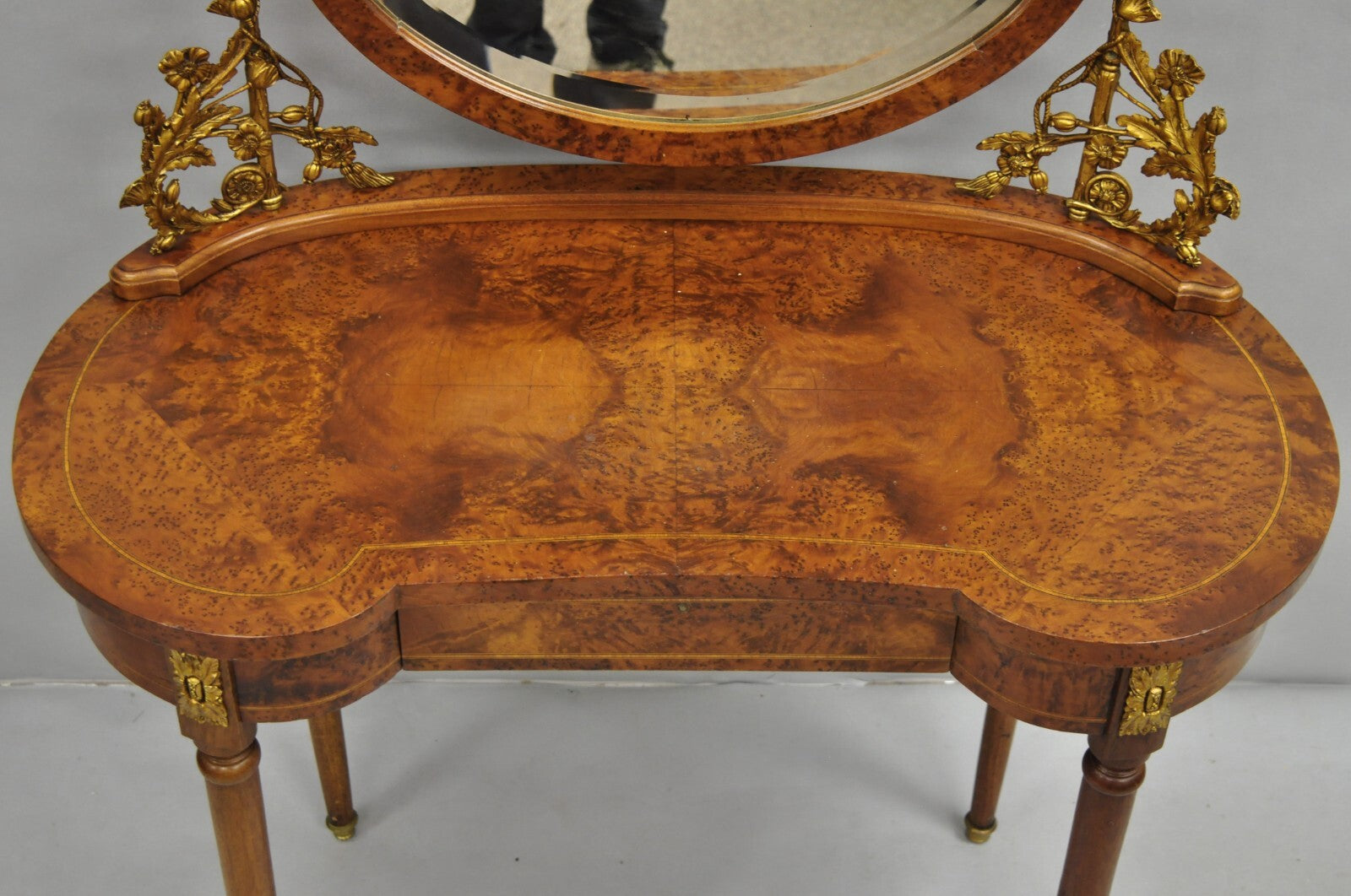 Antique French Louis XVI Burlwood Kidney Shaped Vanity Dressing Table w/ Mirror